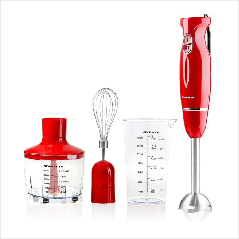 OVENTE Immersion Hand Blender, 300W Electric Handheld Portable Stick Mixer Set with 2 Mixing Speed, Stainless Steel Blades, Egg Whisk Attachment, Mixing Beaker and BPA-Free Food Chopper, Red HS565R