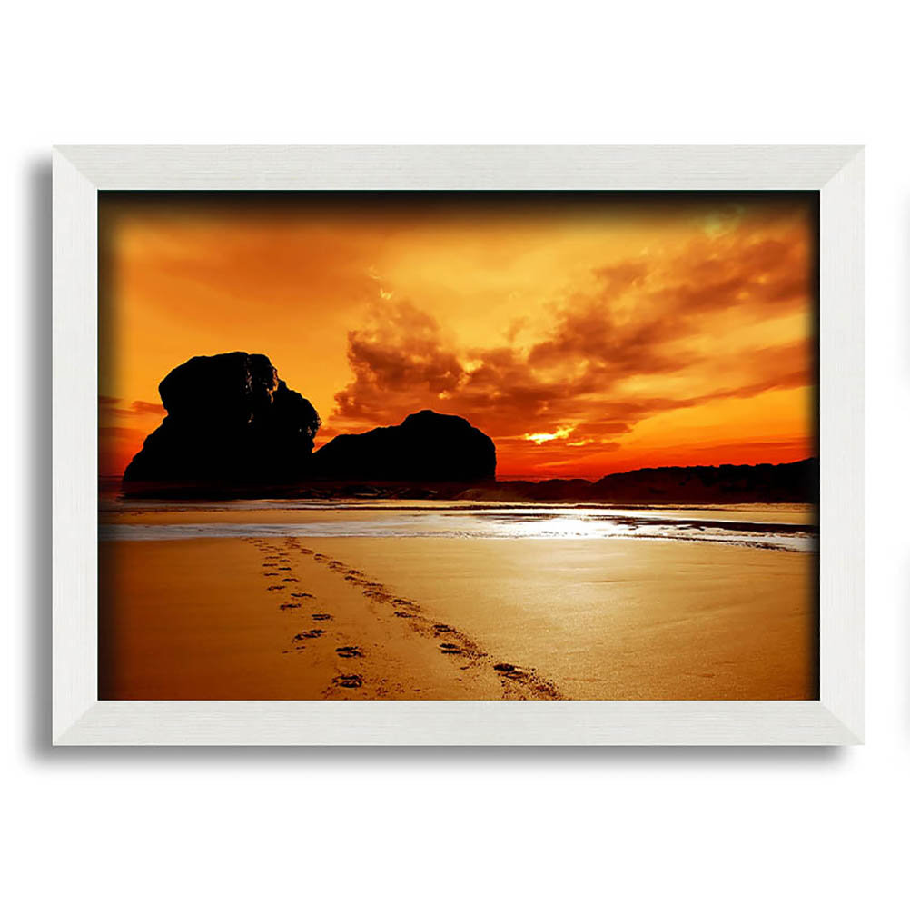 Gerahmtes Wandbild Footprints In The Orange Ocean Sand