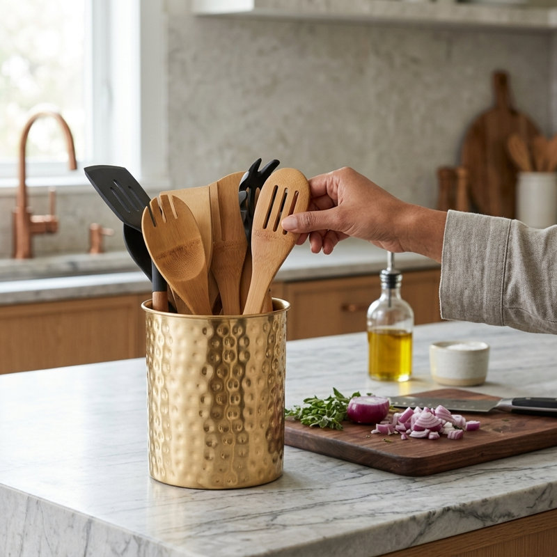 Hand Hammered Metal Kitchen Utensil Holder, Gold
