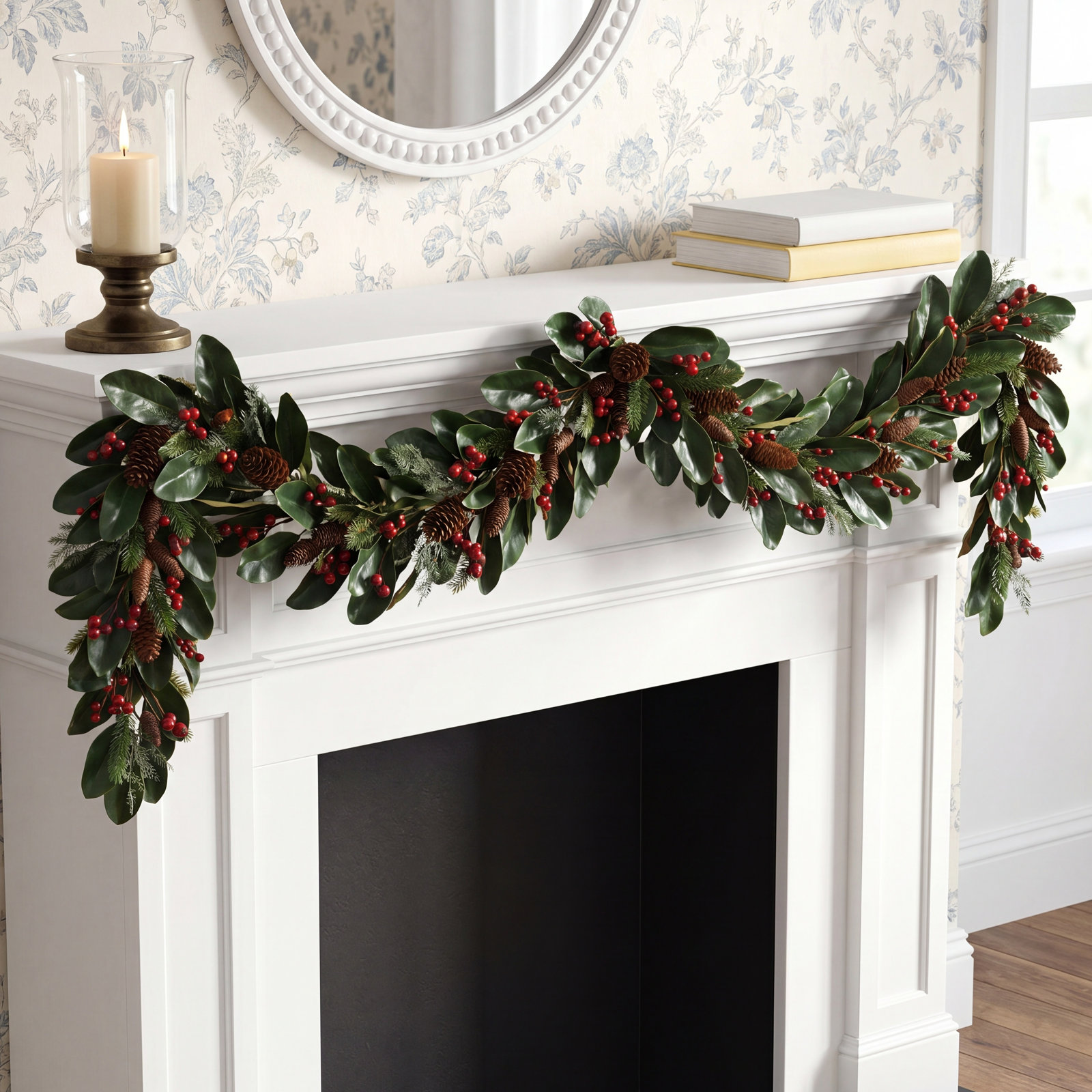 CHRISTMAS MAGNOLIA WITH BERRY CONE GARLAND