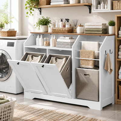 Double Tilt-Out Laundry Hamper Cabinet Hidden Laundry Hamper with 3 Towel Racks and 2x8.7 Gallon Baskets, Large capacity trash can