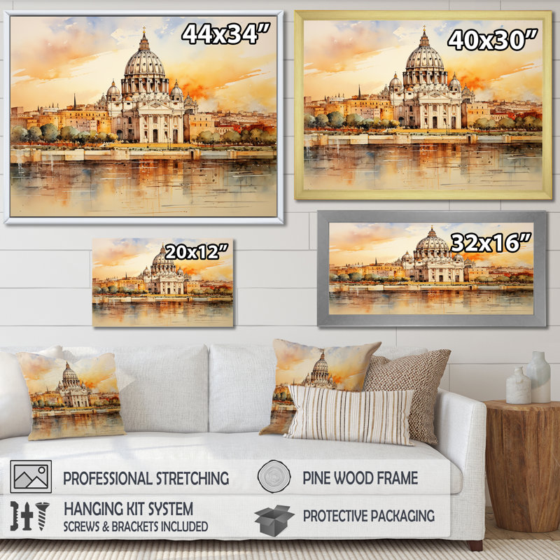 Art mural de la Cité sereine II, Rome, H 30 po x l 40 po x P 1,5 po, Cadre doré à coins fermés
