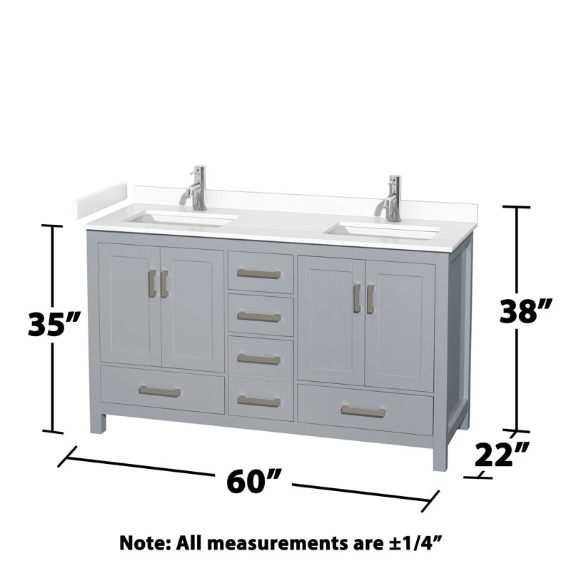 Sheffield 60" Freestanding Double Bathroom Vanity with Cultured Marble Top, Gray, White Cultured Marble