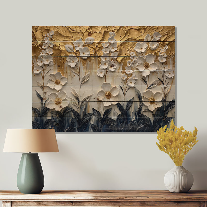 Fleurs blanches et dorées, Wildflowers III, art mural en bois sur bois de pin naturel, H 34 po x l 44 po