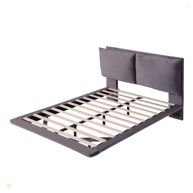 Full Size Upholstered Platform Bed With Sensor Light And 2 Large Backrests, Stylish Platform Bed With 2 Sets Of USB Port And Socket On Each Rear Bed Leg