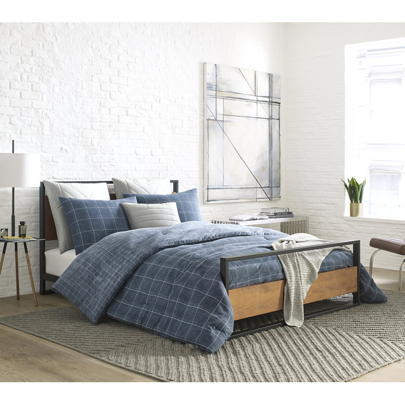 Kenneth Cole Holden Grid Cotton Blue Comforter Set, King Comforter + 2 Shams