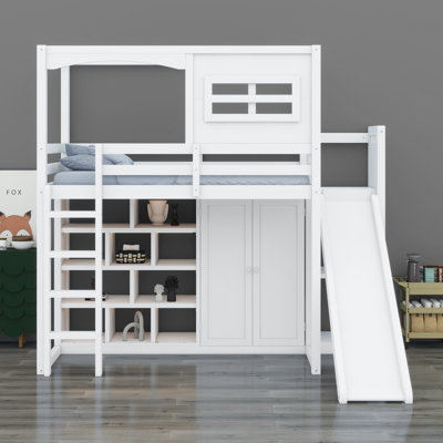 Lit mezzanine avec garde-robe, tablettes de rangement
