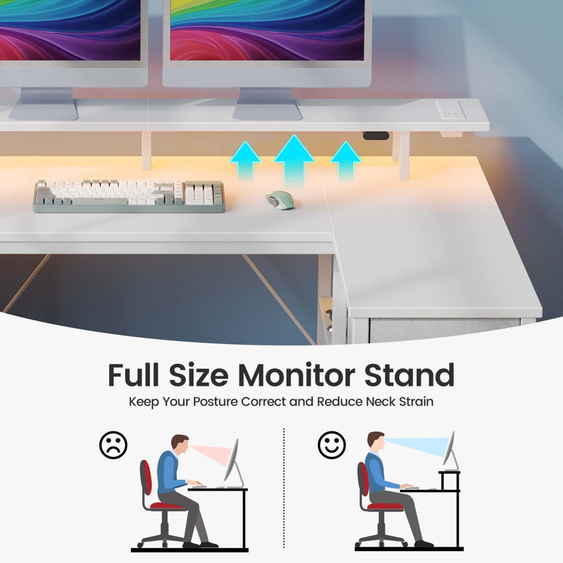 L Shaped Desk with Monitor Stand and Drawers, Gaming Desk with RGB LED Lights &Power Outlets, White