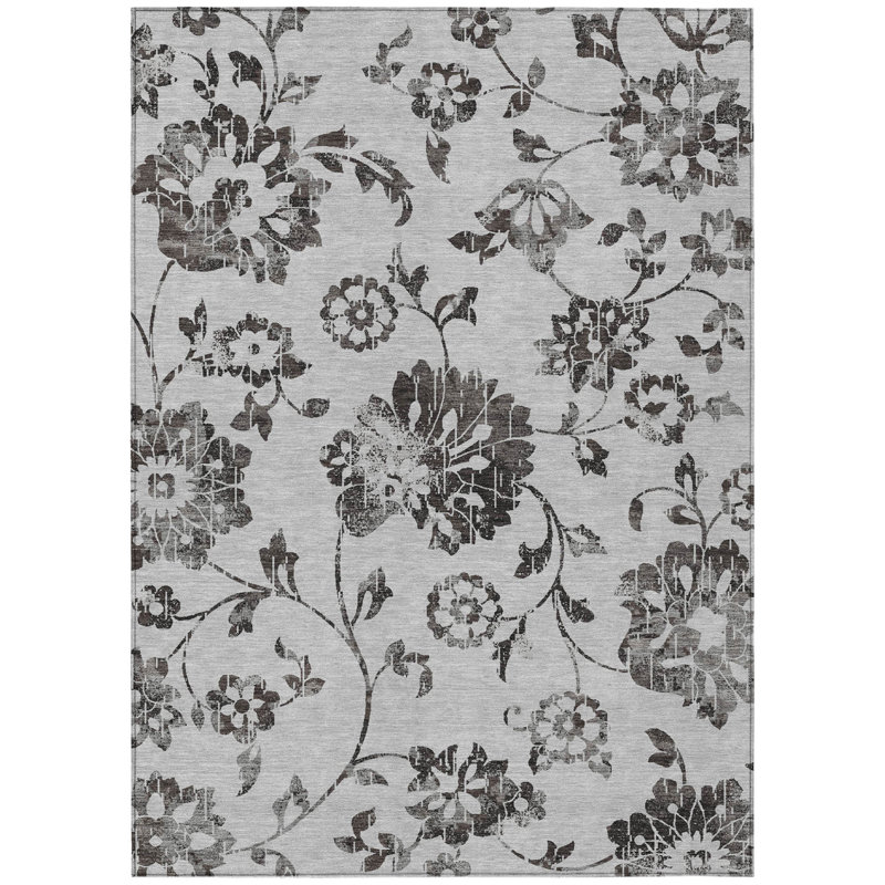Tapis extérieur lavable floral gris anthracite et argent 8 pi x 10 pi