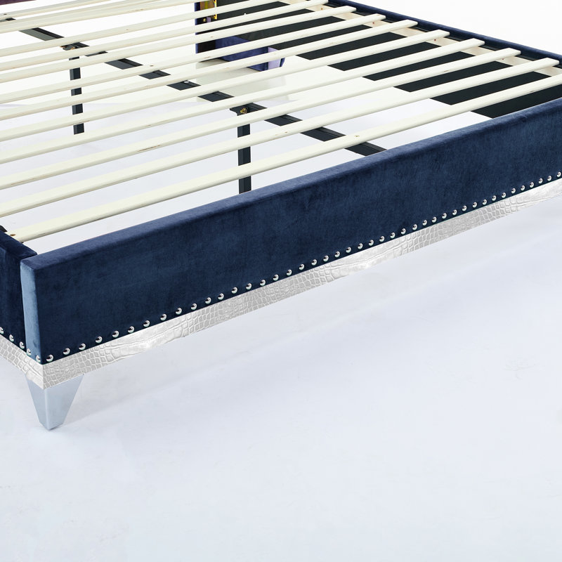 Sumi Velvet Upholstered Platform Bed With Button Tufting & Wooden Slats, King, Blue