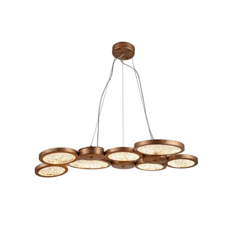 Lustre 7 lumières DEL or antique avec blocs de verre transparent