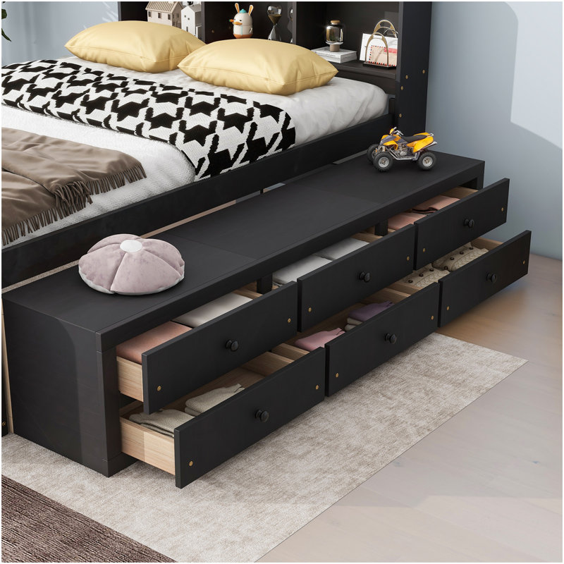 Lit double avec tête de lit bibliothèque, tiroirs de rangement sous le lit et étui de rangement pour bout de lit, espresso