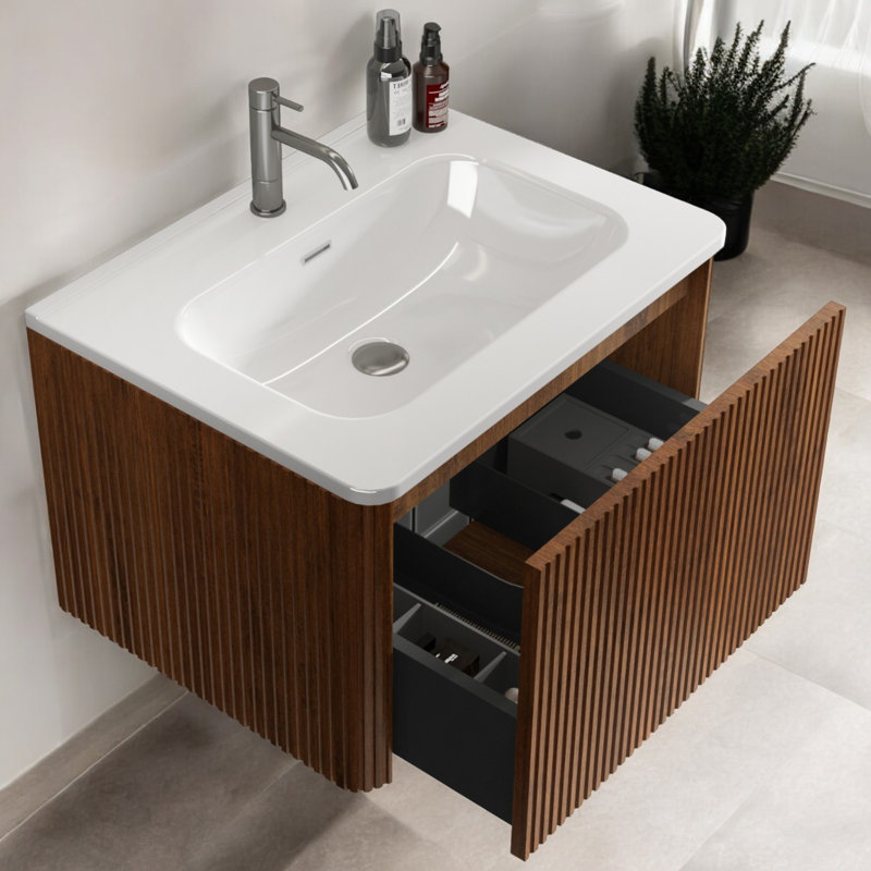 Ensemble de meuble-lavabo mural flottant rayé avec lavabo en céramique 24 po Etna, Noyer