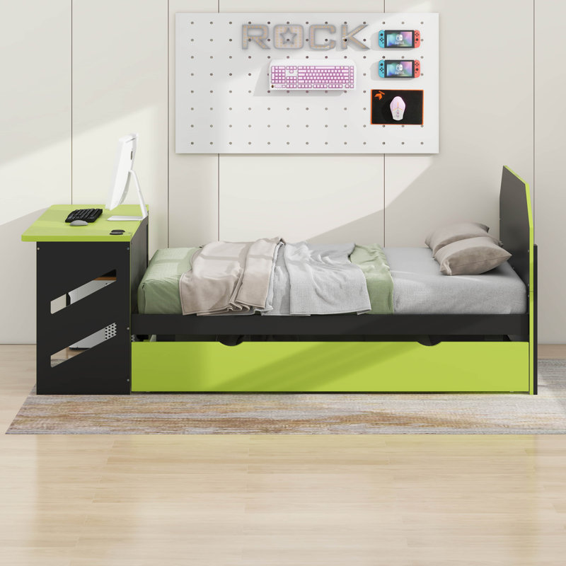 Lit de jour en bois pleine grandeur avec lit gigogne simple, bureau et port USB, Vert