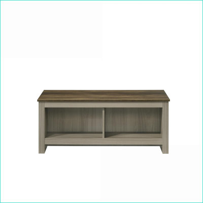 Table basse Nyla en chêne gris avec plateau en noyer contrastant - tablettes ouvertes pour le salon, assemblage facile