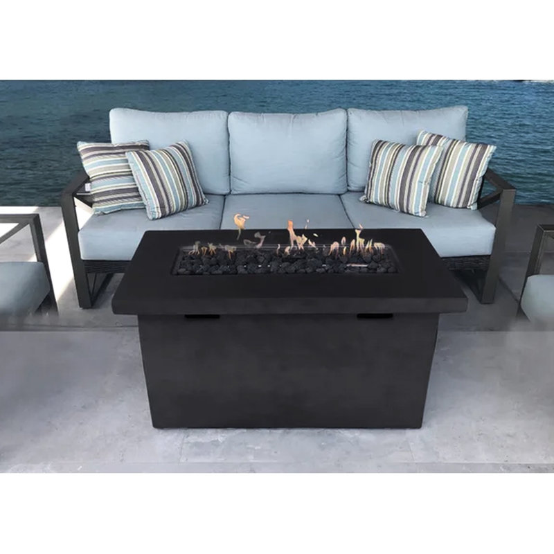 Table de foyer d'extérieur en béton de 25 po H x 42 po l pour les espaces extérieurs - Rouille et intempéries, avec pierres de lave réglables de style moderne, insert de pierre