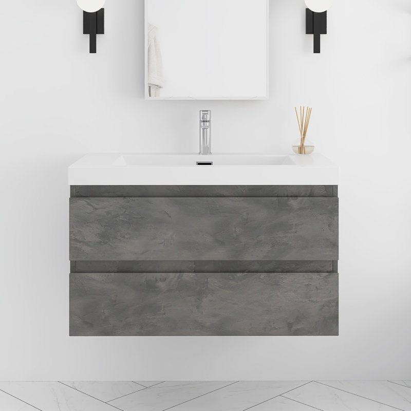 36" Wall-Mounted Single Bathroom Vanity With Integrated Resin Top, Gray