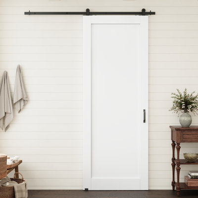 36" x 96" Interior 1 Panel Solid Core Primed Prefinished Standard Slab Door With Top Mounted Black Barn Door Hardware Kit