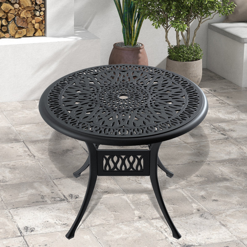 34.83-Inch Cast Aluminum Patio Dining Table With Black Frame And Umbrella Hole - Rust , , Space, Comfortable 34.83" In To Wear Tear,