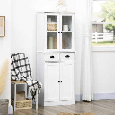 Armoire de cuisine 61 po - Blanc. Portes à fermeture douce, 2 tiroirs. Tablettes réglables pour la vaisselle, les casseroles, les poêles, les bocaux de rangement. Pour le salon, la salle à manger et le garde-manger.