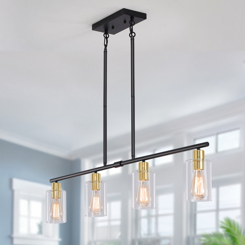 Lustre linéaire moderne à 4 lumières avec abat-jour en verre transparent 43,7 po Delmo, Noir / or