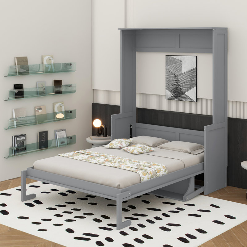 Grand lit escamotable avec bureau, DEL et USB, Gris