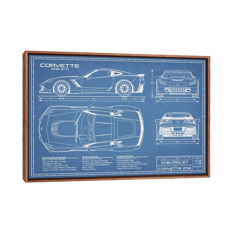 Corvette (C7) Z06 Blueprint - reproduction de dessin sur toile, H 26 po x l 40 po x 1,5 po, Pas de tapis