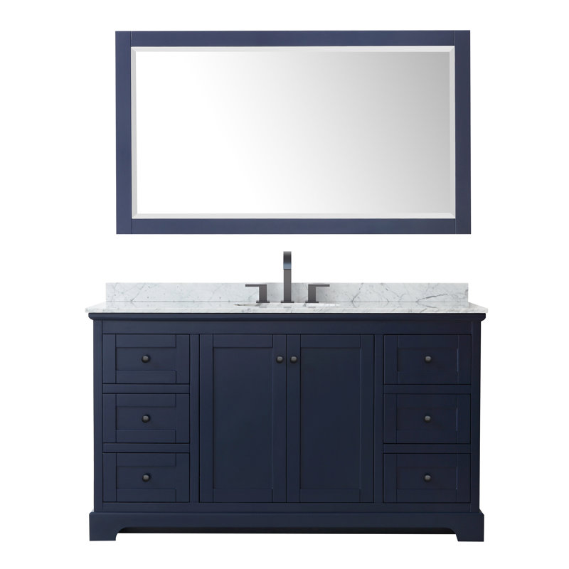 Avery 60'' Single Bathroom Vanity with Stone Top, White Carrara Marble, Dark Blue