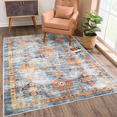  Washable Non-Slip Rug - Blue / Orange Traditional Bordered Runner for Entryway, Hallway, Bathroom, and Kitchen