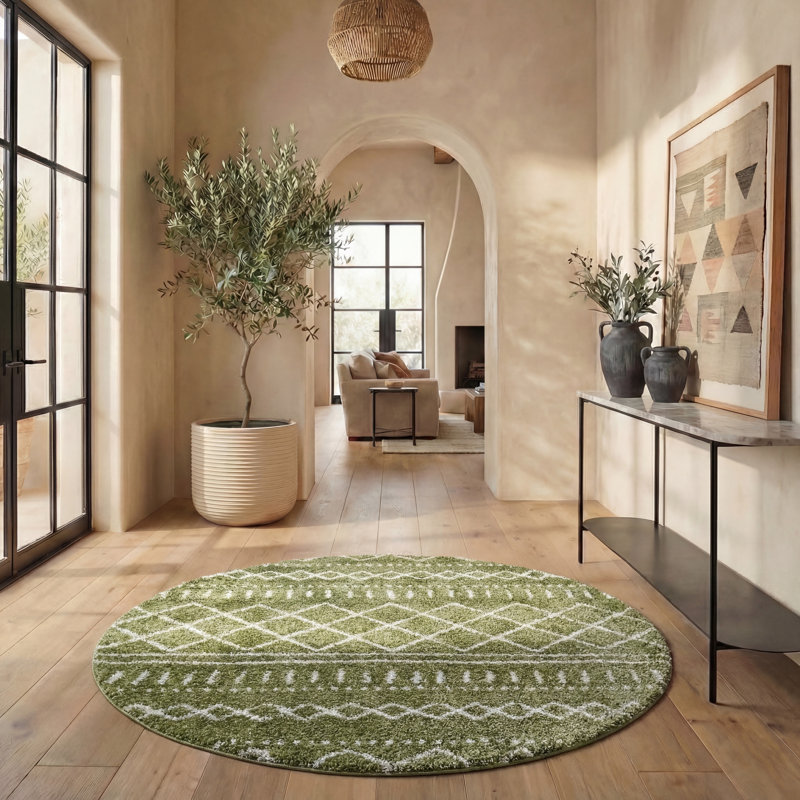 Develin Performance Chevron Rug, Round 6'7", Green/Ivory