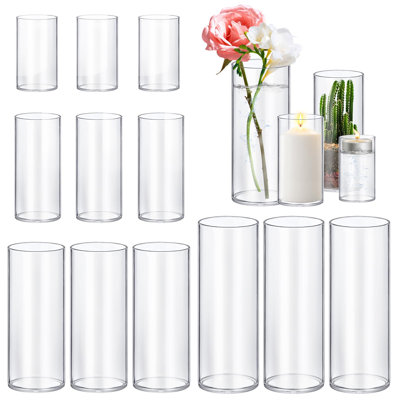 Paquet de 12 vases cylindriques en verre de 4,6,8,10 pouces de haut, vase à fleurs transparent, porte-bougie ouragan flottant pour centre de table de mariage.