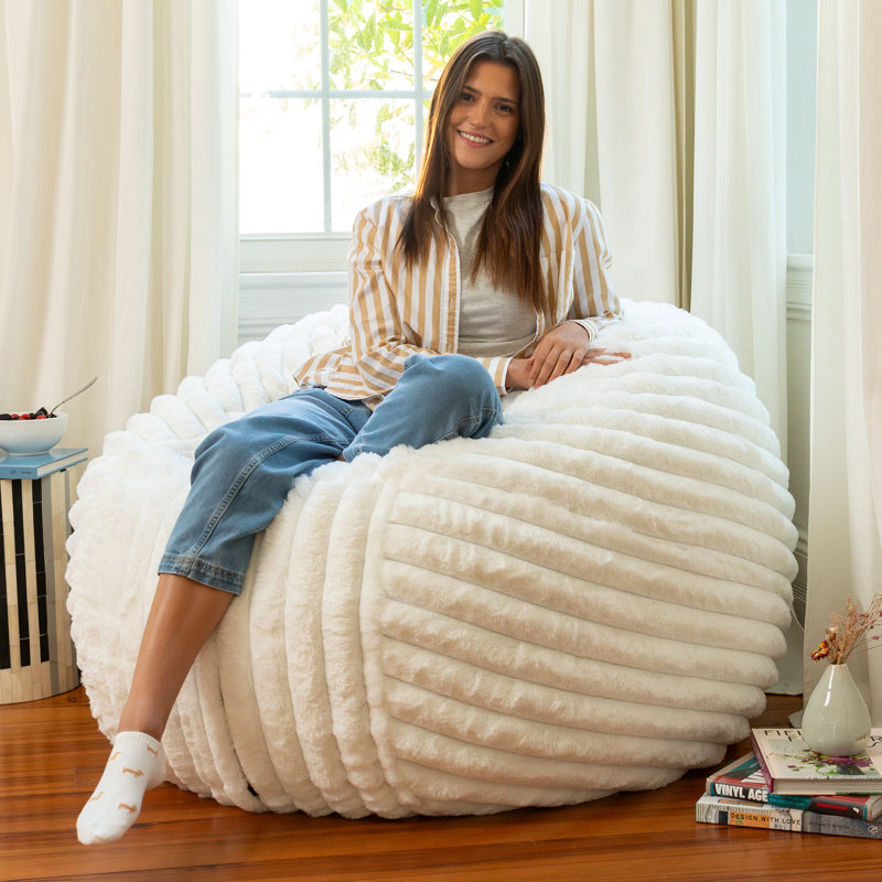 Saxx 4Ft - Large Round Bean Bag For Adults - Luxuriously Soft Plush Faux Fur, Ivory Faux Fur