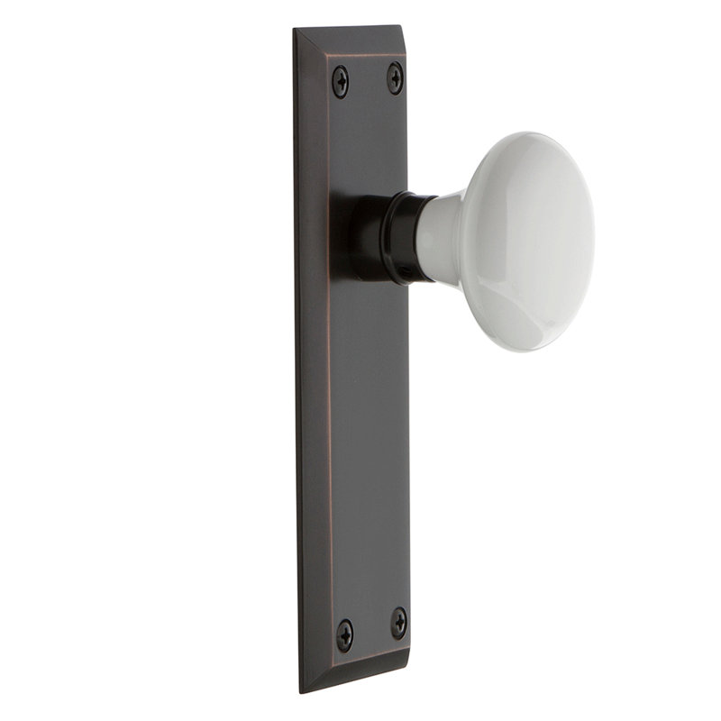 New York Plate with White Porcelain Door Knob, Timeless Bronze
