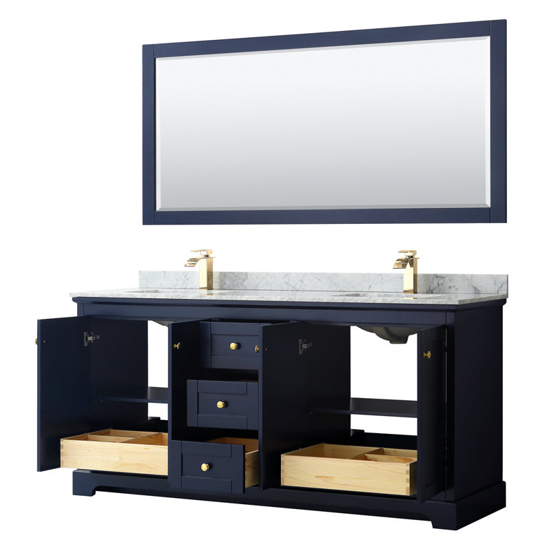 Avery 72'' Double Bathroom Vanity with Stone Top with Mirror, Dark Blue, Brushed Gold