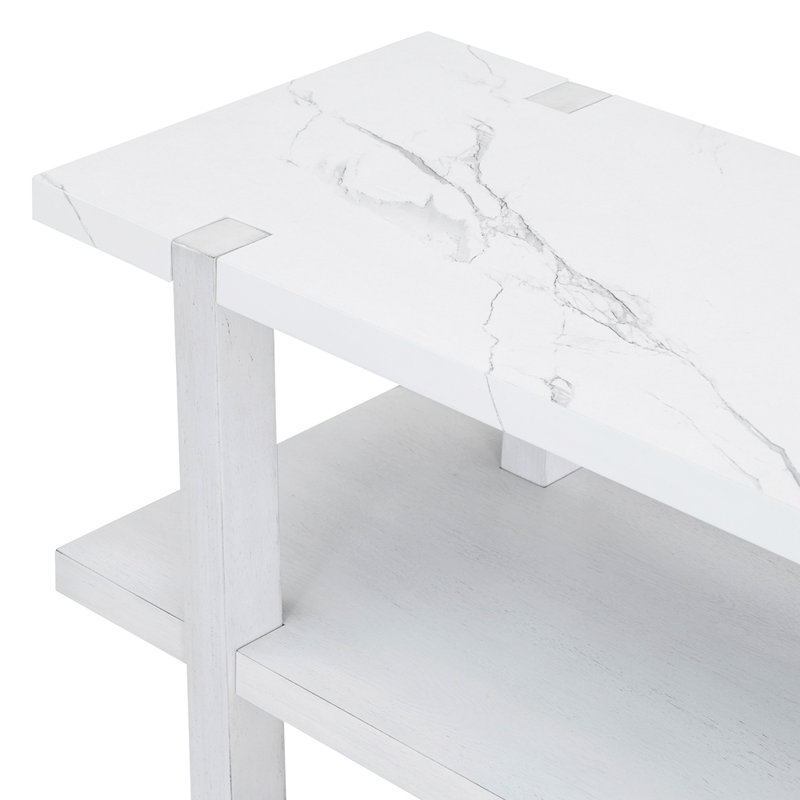 Retro Elegant Console Table with Marble-Effect Top and Versatile Storage Solutions, Antique White