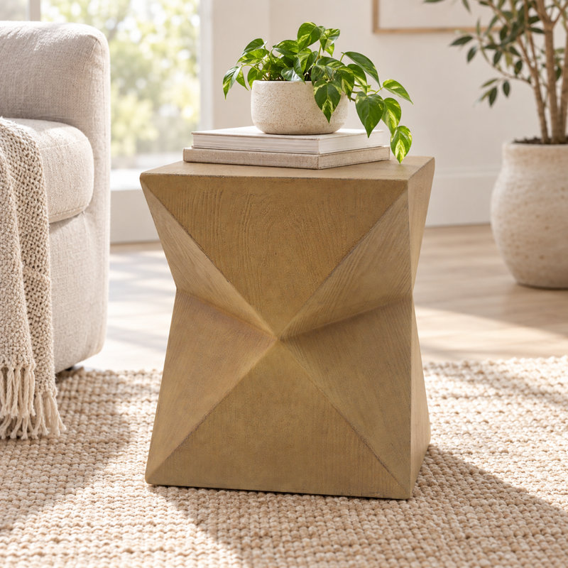 Table d'appoint en béton naturel de 36,6 cm (14,39 po) avec symétrie prismatique et texture lisse à grain de bois