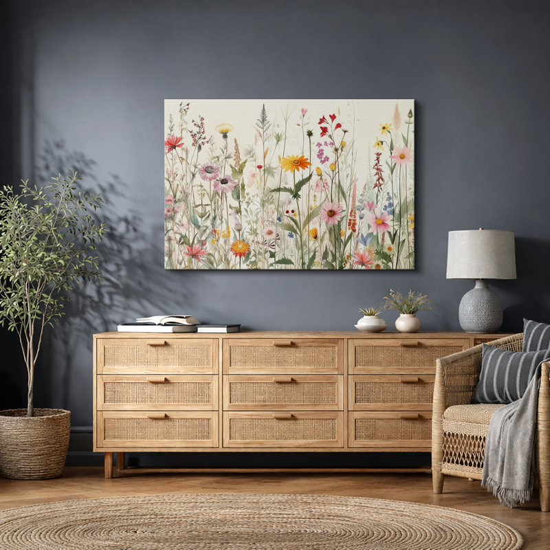 Vibrant Wildflower "Bright Daisy Floral Field Pictures, Spring French Country Living Room Artwork, Large Framed Canvas Print Wall Art"