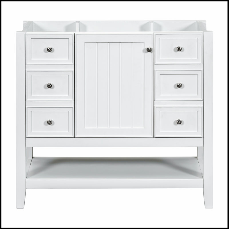 Meuble-lavabo de 36 pouces en bois massif et panneau de fibres à densité moyenne avec lavabo, une armoire, trois tiroirs et un élégant lavabo en céramique blanche
