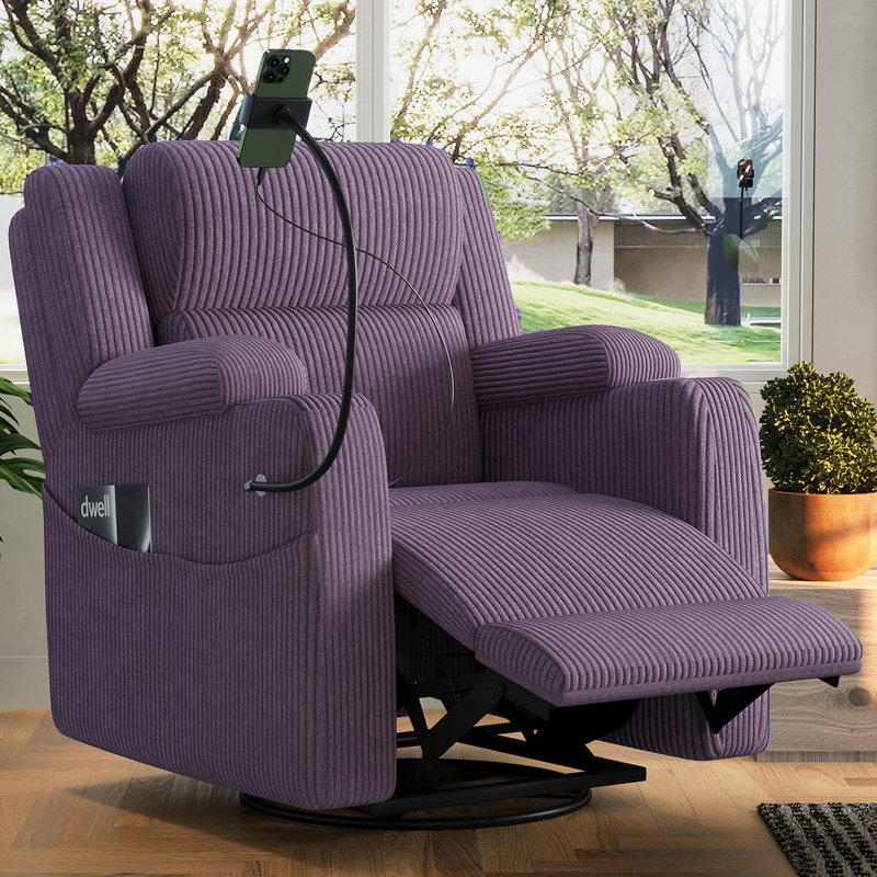37'' W Upholstered Power Recliner With Massage And Heating, Purple Corduroy