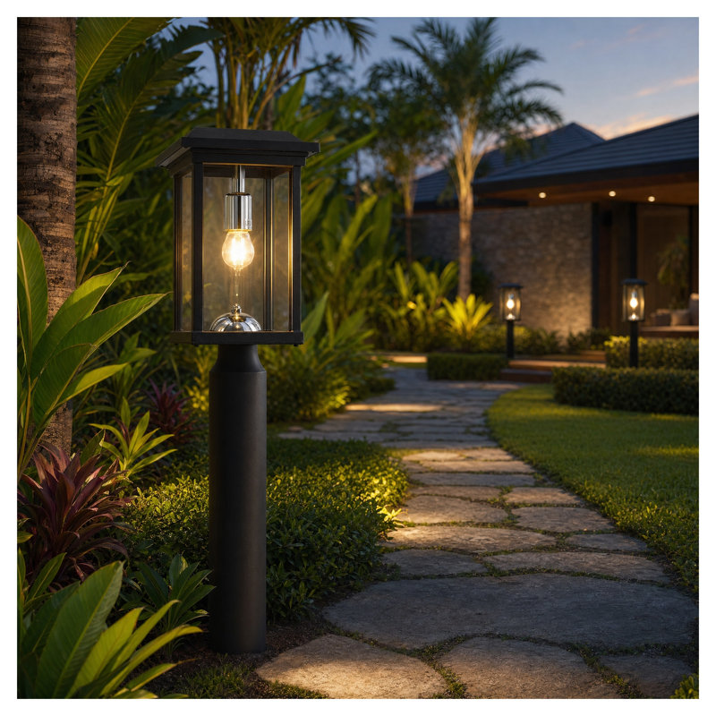 Black Aluminum Outdoor Post Light with Pier Mount Base and Dusk-to-Dawn Sensor