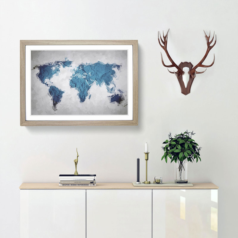Teal Blue Map of the World in Abstract - Picture Frame Graphic Art Print, Oak Framed, 27cm H x 36cm W x 2cm D