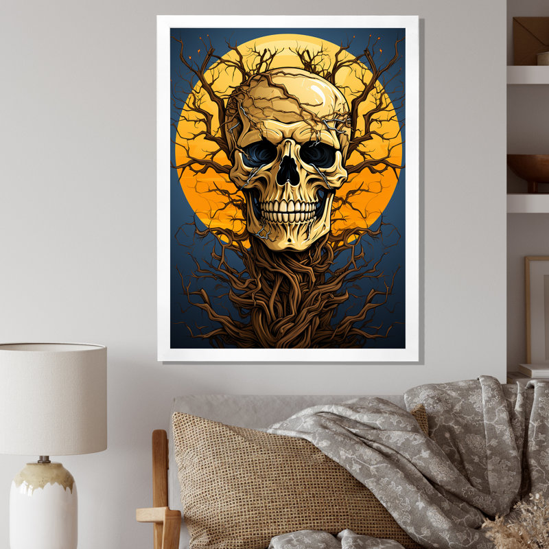 «Happy Full Moon Skull» souriant, reproduction sur toile, Cadre simple blanc, H 32 po x l 16 po x P 1 po