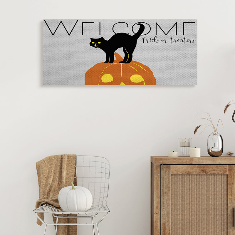 Citrouille d'Halloween chat de bienvenue, H 13 po x l 30 po x P 1,5 po, Toile tendue
