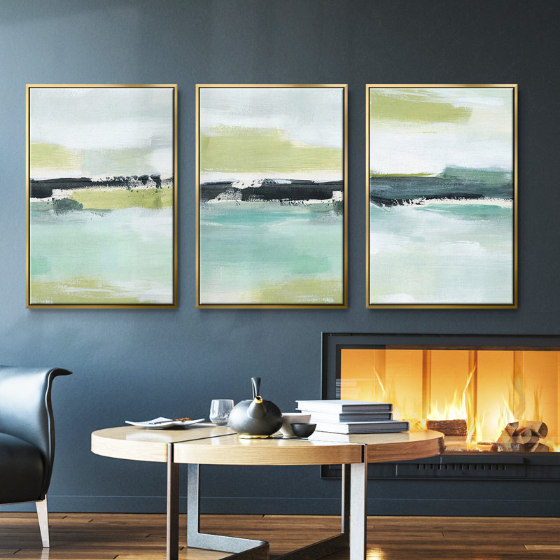 «Sea Green Layers I», ensemble de 3 toiles encadrées, Or, H 27 po x l 54 po