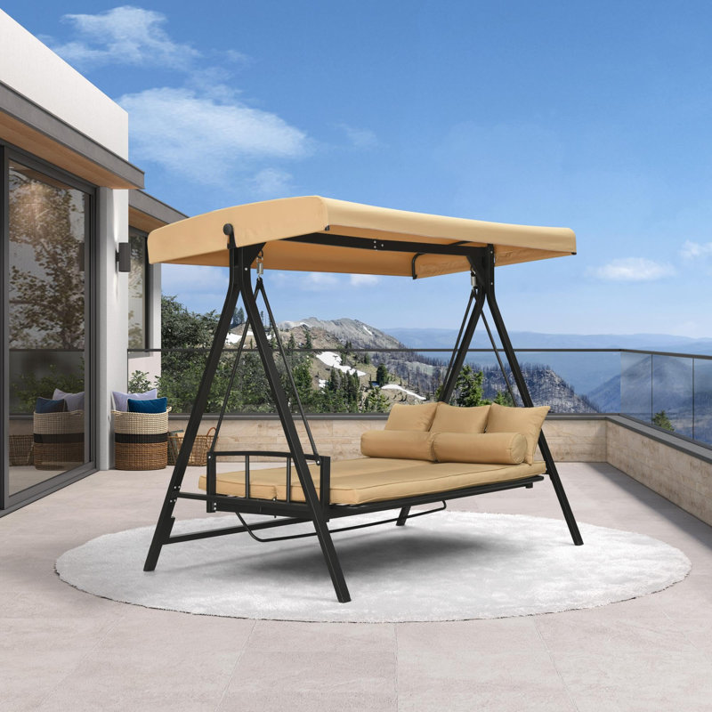 Balancelle de véranda convertible avec porte inclinable et véranda inclinable en acier robuste à 3 places avec support et coussins amovibles pour terrasse sur le jardin (beige)