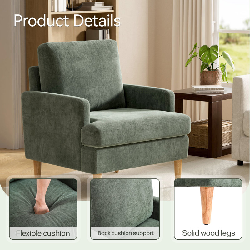 Accent Chair With Solid Wood Legs, Green Chenille