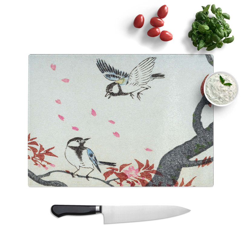 Tempered Glass Two Great Tits on Blossom Tree by Ohara Koson Chopping Board, 39 cm W x 28.5 cm L