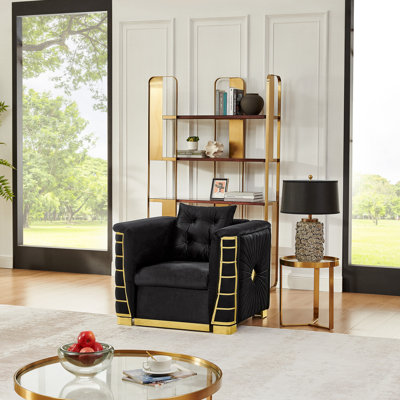 Canapé simple en velours italien de luxe noir 40,2 po, coussin épais, accoudoirs larges, détails en métal doré et 1 coussin décoratif