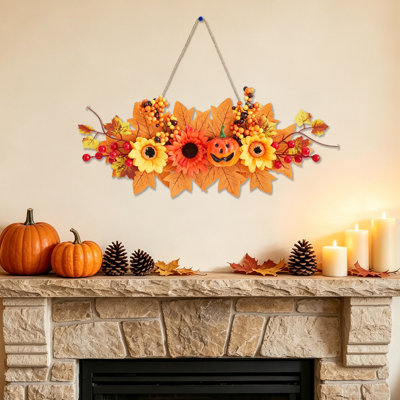 Décoration murale d'automne, récolte de fleurs et de feuilles, décoration murale d'Halloween, action de porte, tournesols, citrouille, feuilles d'érable, baie, décoration murale
