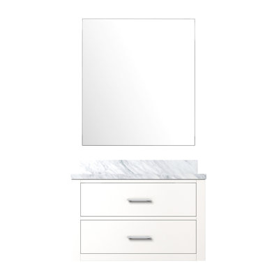 Meuble-lavabo blanc 30 po x 22 po avec comptoir en marbre et miroir de 28 po à fermeture douce, avec panneaux en contreplaqué